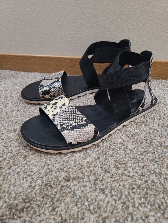 Sorel Shoes - Sorel Ella II Black Leather Snakeskin Print Ankle Strap Flat Sandals